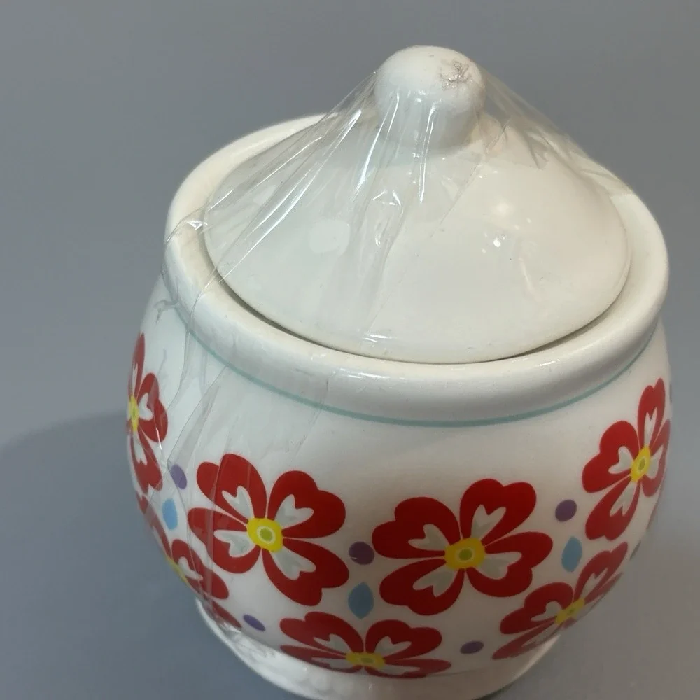Pioneer Woman Sugar Dish with Lid White & Red Yellow Floral Pattern Kitchen Gift